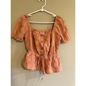 Paper Crane Pink Textured Button Front Peplum Blouse Square Neck Short Sleeve M